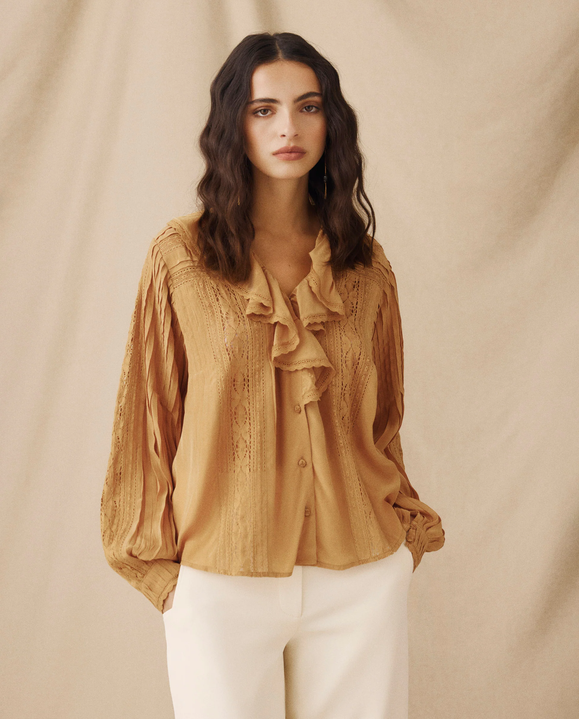 BASIL | Light Camel Ruffled Lace Blouse - Image 3