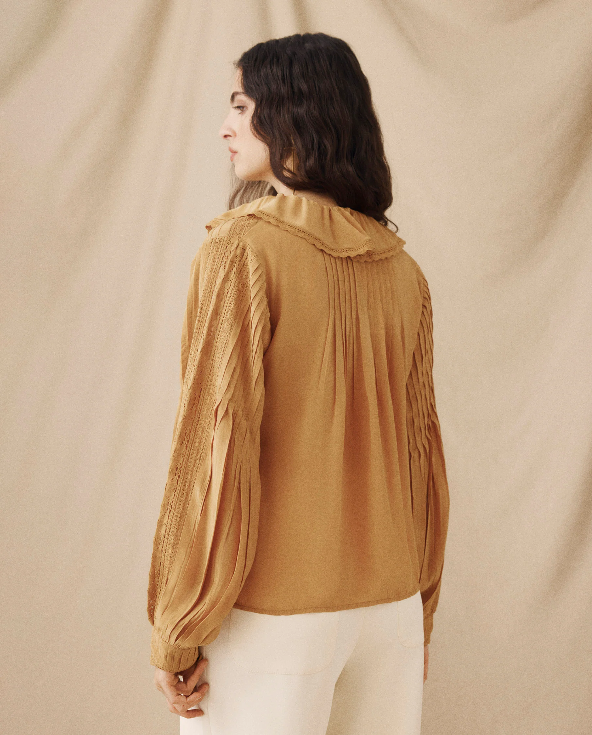 BASIL | Light Camel Ruffled Lace Blouse - Image 5