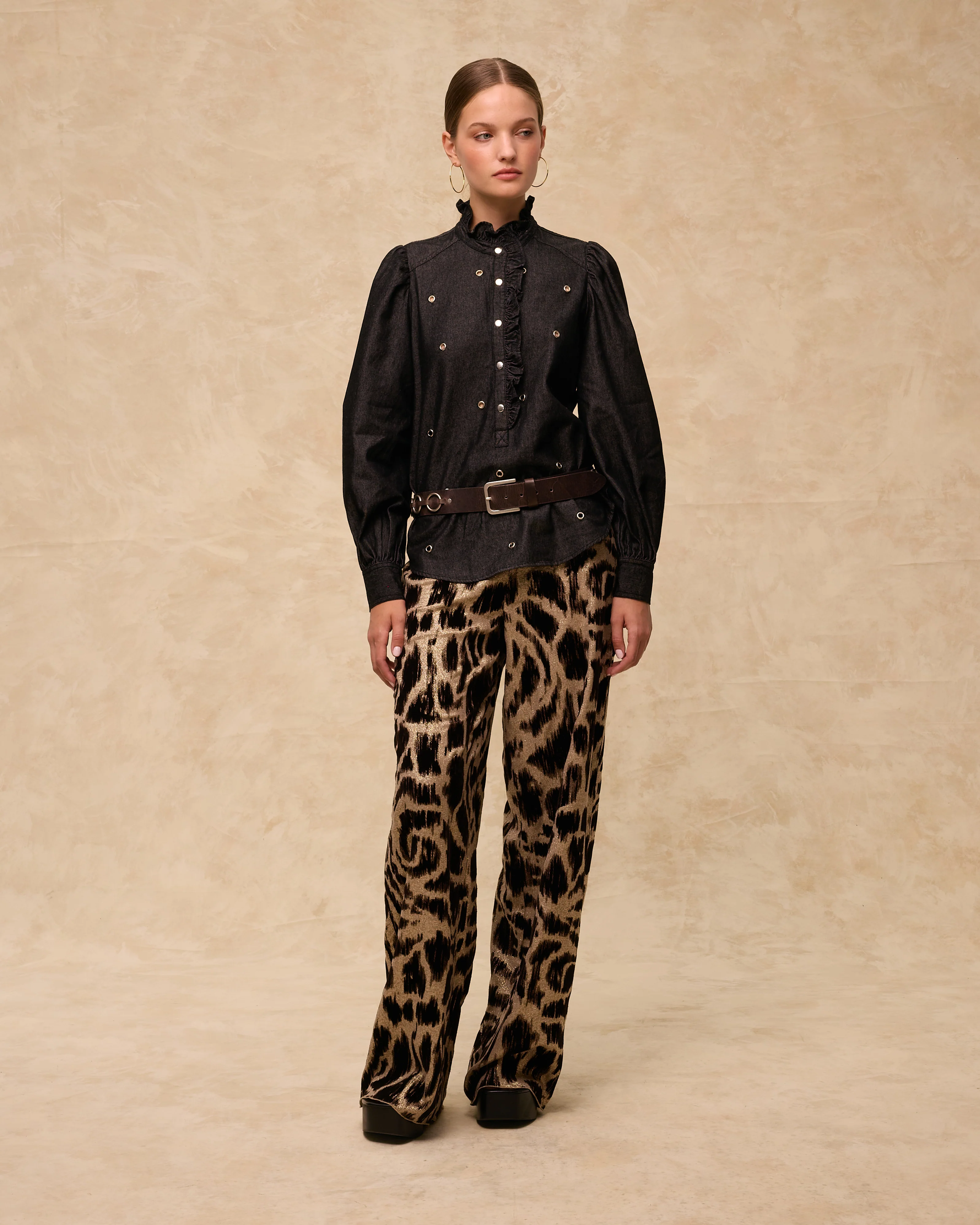 BEDUINA | Gold Leopard Jacquard Wide-Leg Trousers